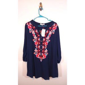Solitaire Anthropologie Midnight Blue Aztec Floral Embroidered Boho Tunic XL NWT